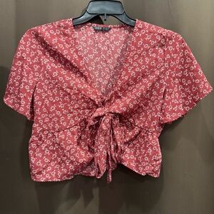 SHEIN Red Floral Blouse w/Front Tie, Size M